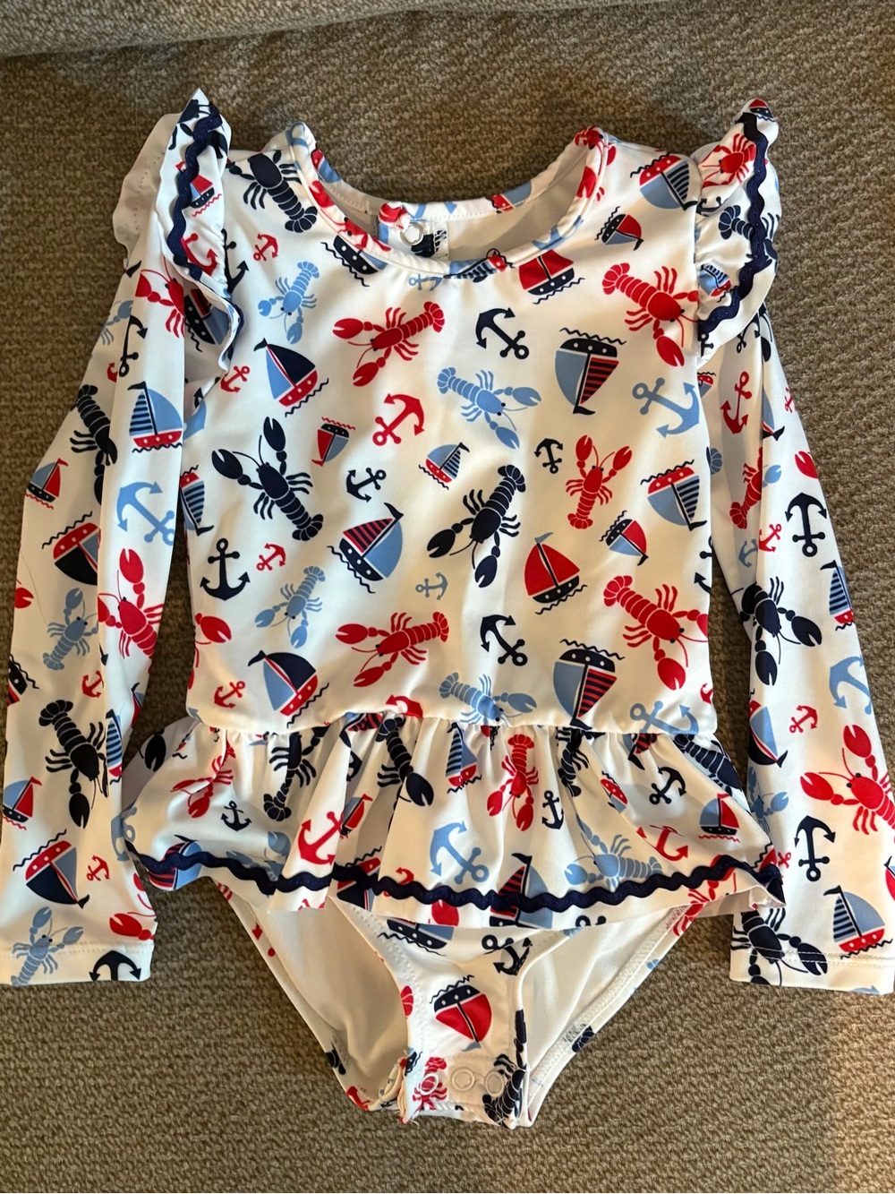 Sperry Girls' One-Piece Ruffle Rash Guard - White with Red & Navy